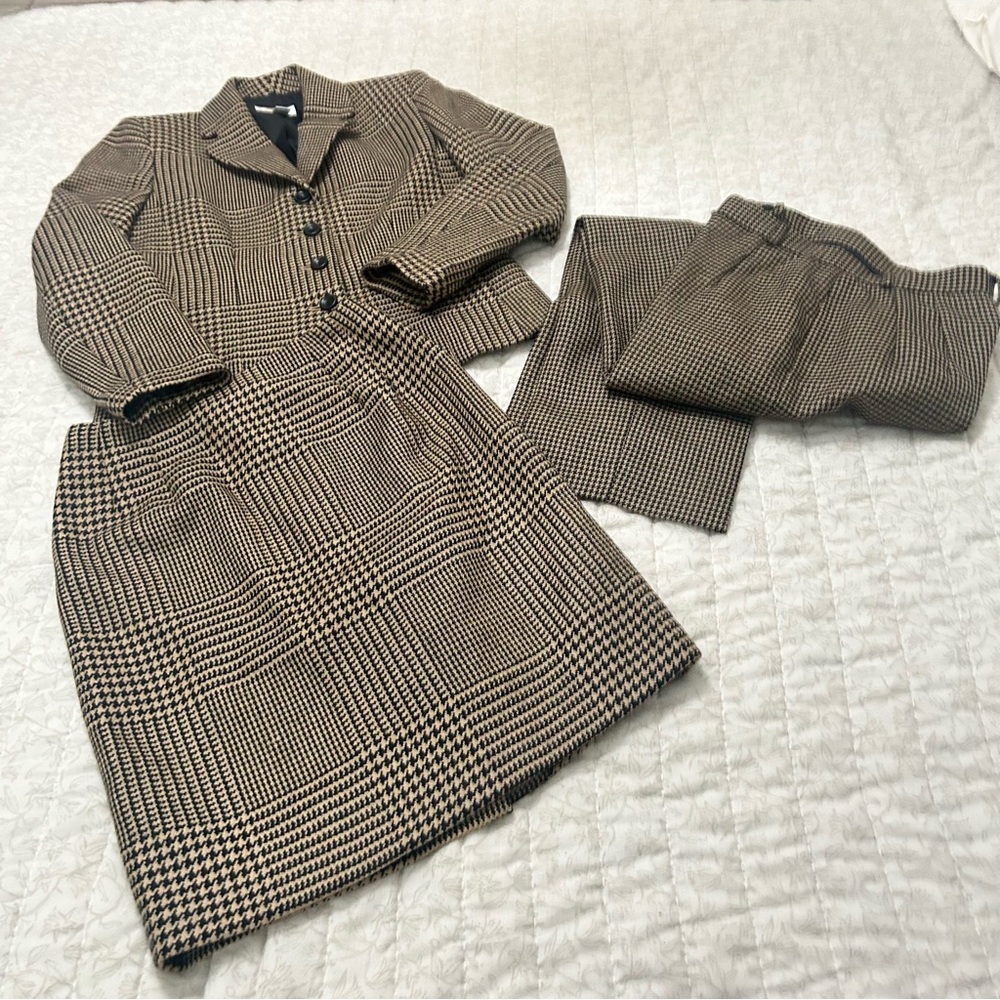 Talbot Petites Browns Houndstooth Wool Three Piece Suit Sz:2